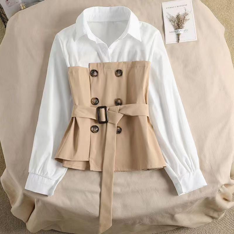 New Korean Style Women's Clothing Korean Style Slimming Fake Two-piece Long-sleeved Shirt Korean Style Loose Waist Top