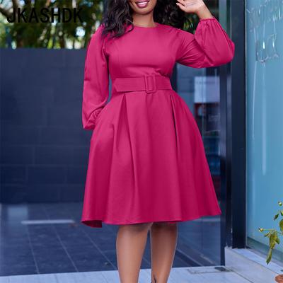 Женская мода осень-зима сплошной цвет печати с длинным рукавом и круглым вырезом с высокой талией повседневные платья