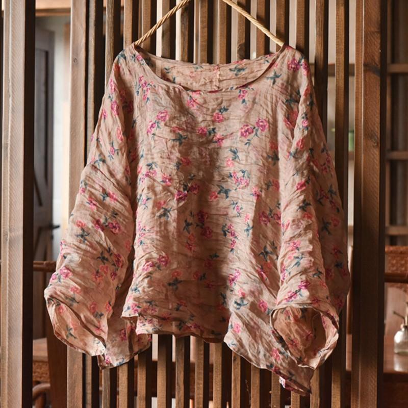 Johnature Women Vintage Print Floral T-Shirts O-Neck Long Sleeve Spring Loose Women Chinese Style T-Shirts