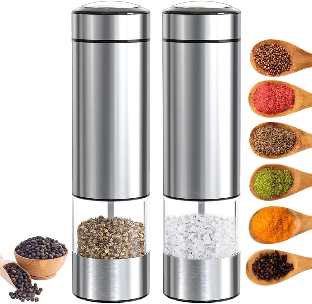 Blue Butterfly 2 Pieces BlueButterfly with LED Large Capacity Electric Mill Salt Pepper Coarseness Stainless Salt Pepper Mill Mini Salt Rock Salt