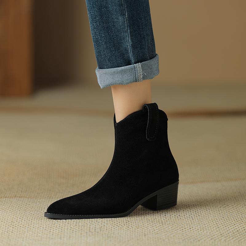 Новые женские ботильоны из коровьей замши на толстом каблуке с острым носком в стиле ретро, повседневная женская обувь для отдыха на природе, осень-зима 2024 г., женская обувь