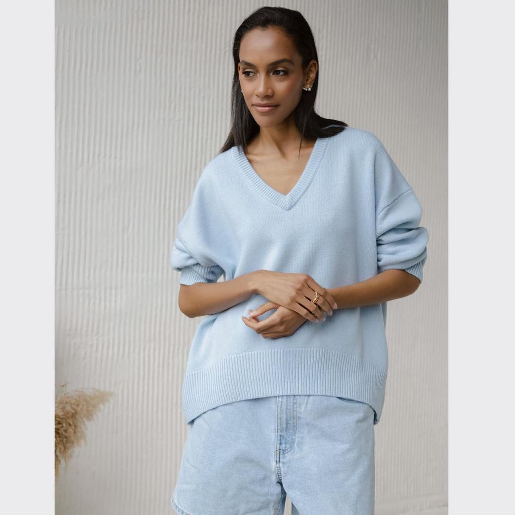 Qooth Женский свитер оверсайз с V-образным вырезом, мягкая вискозная смесь, осенне-зимний пуловер, повседневная одежда для дома QT2748