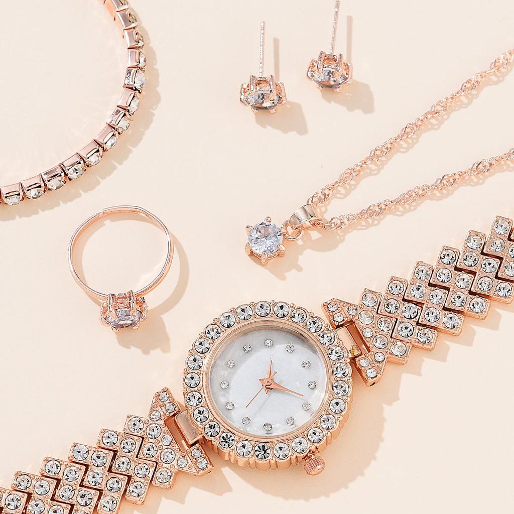 Popular Accessory Set Women's Alloy Quartz Watch Necklace Ring Combination WristWatch Luxurious 6PCS Set Fashionable Earrings Bracelet