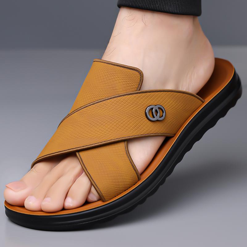 Men Leather Slide Sandals Large Size Summer Beach Home Outdoor Slip On Comfort Walking Travel Footwear Daily Easy Wear Lightweight