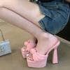 New Chunky Platform Woman Slippers Butterfly-knot Open Toe Wedding Banquet Sandals Extreme High Heels Slide Shoes