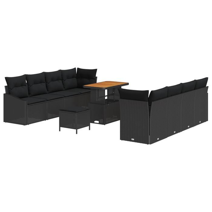 Set de canapé de jardin de 11 pièces avec coussins Noir Poly Rotin Acacia, Canapé de jardin 2 places avec rangement 3364579