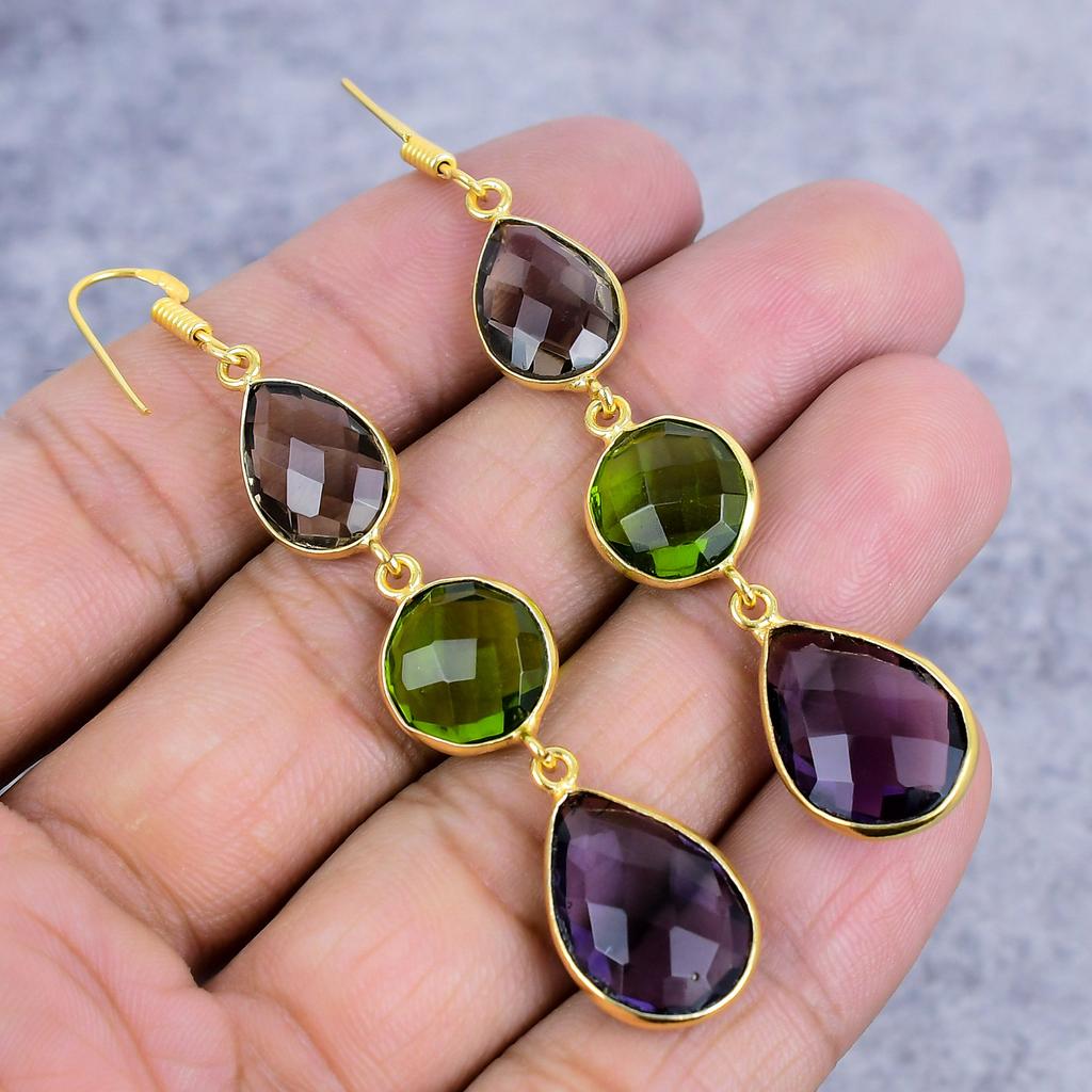 Amethyst, Peridot Gemstone 925 Sterling Silver Jewelry Earring 2.99" M-2646