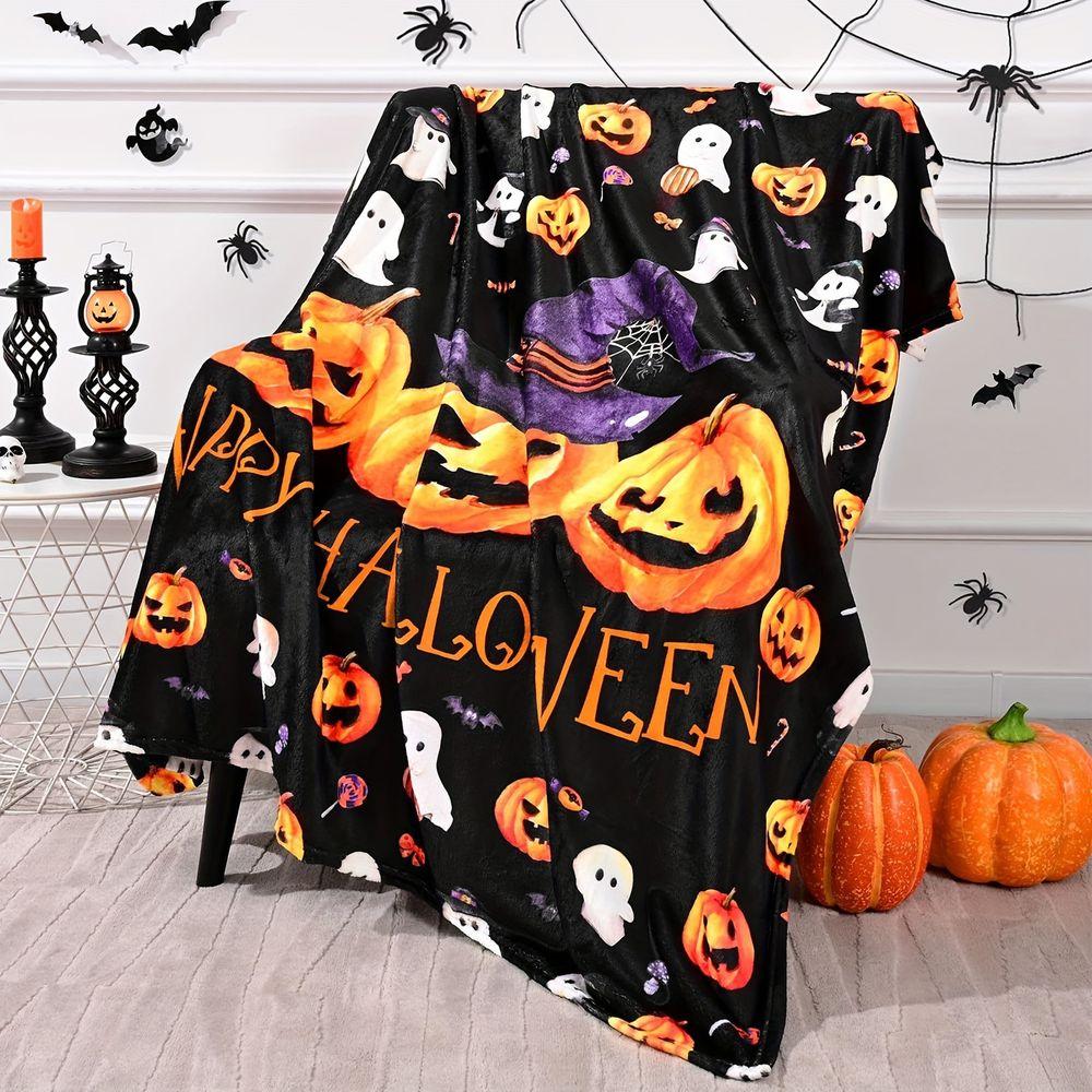 Festive Pumpkin Ghost Pattern Flannel Throw Blanket Soft Lightweight Bed Sofa Cover, Cozy Decorative Plush Rug for Halloween Party Home Decor
