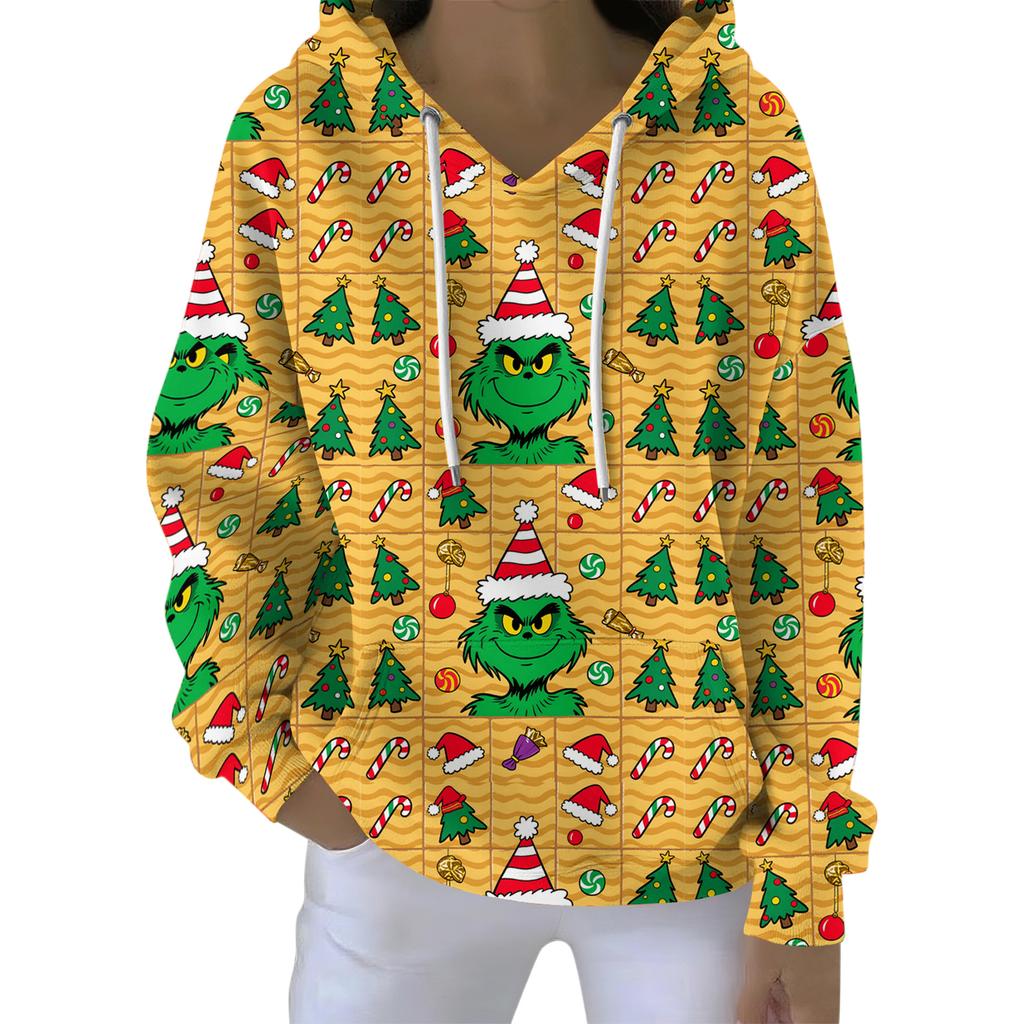 Ladies' Loose And Comfortable Drawstring V-neck Long Sleeved Christmas Printed Sweatshirt