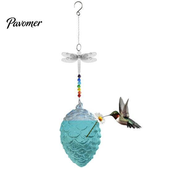 Wild Bird Feeding Supplies Pine Cone Shape Glass Hummingbird Feeder with Butterfly/Dragonfly Decor, Outdoor Hanging Easy Clean Nectar Water