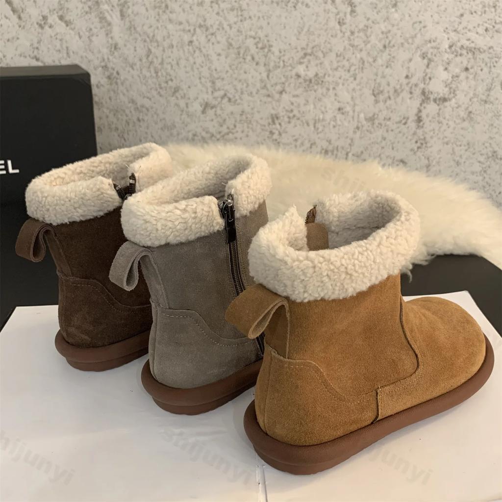 Suede Flat Women Snow Ankle Boots Designer Fur Short Plush Cotton Shoes 2025 Trend Warm Side Zipper Winter Snow Botas De Mujer