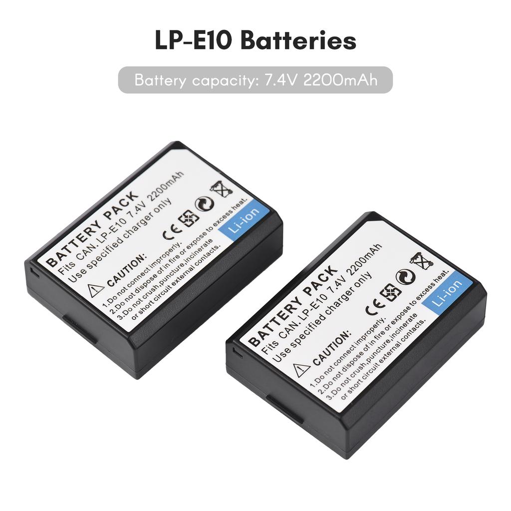 LP-E10 Battery Charger 2-slot with LED Indicators 2pcs LP-E10 Batteries 7.4V 2200mAh with USB