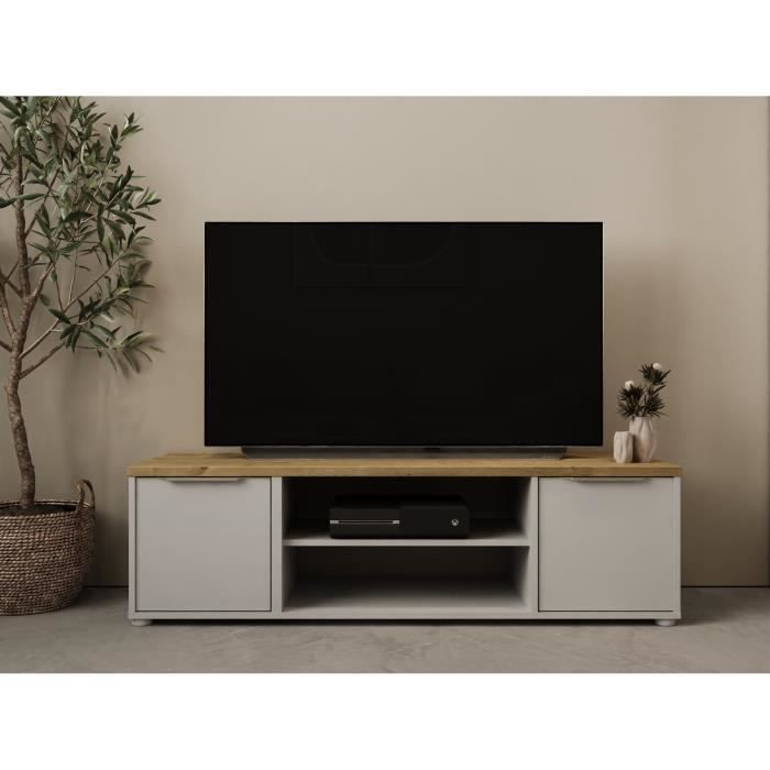 Meuble TV ACCESS - 2 Portes + 1 Niche - Décor chêne Hamilton et blanc - L 134,8 x P 39,6 x H 39,1 cm - DEMEYERE