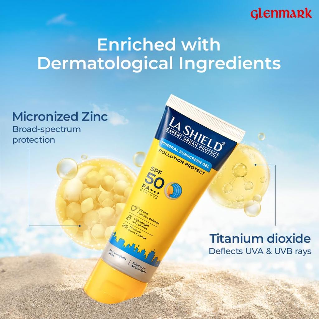 La Shield Pollution Protect SPF 50 Минеральный солнцезащитный гель PA+++ | Легкий, без масел, увлажняющий | Водостойкий, протестировано дерматологами | 50 г