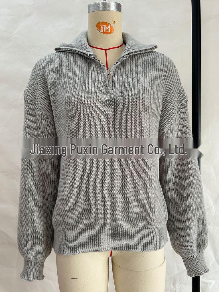 Women's Knitted Polo Collar Zipper Sweater: Solid Color, Loose Fit, Long Sleeve