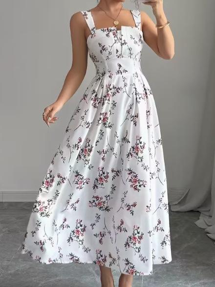 2026 Spring Floral Sleeveless Maxi Dress Sweet Cinched Waist Casual Long Dress