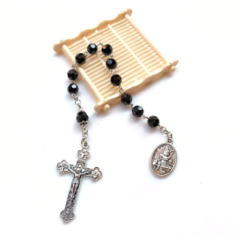 Black Crystal Rosary Bracelet with Crucifix Charm for Men and Women Spiritual Fashion Symbol of Faith Strength