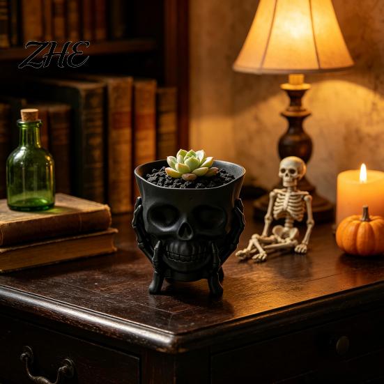 Niche Gift for Goth Lovers 3D Printed Skull Planter with Skeleton Hand Stand, Gothic Succulents Pot, Unique Resin Craft Art Dark Style Decorative