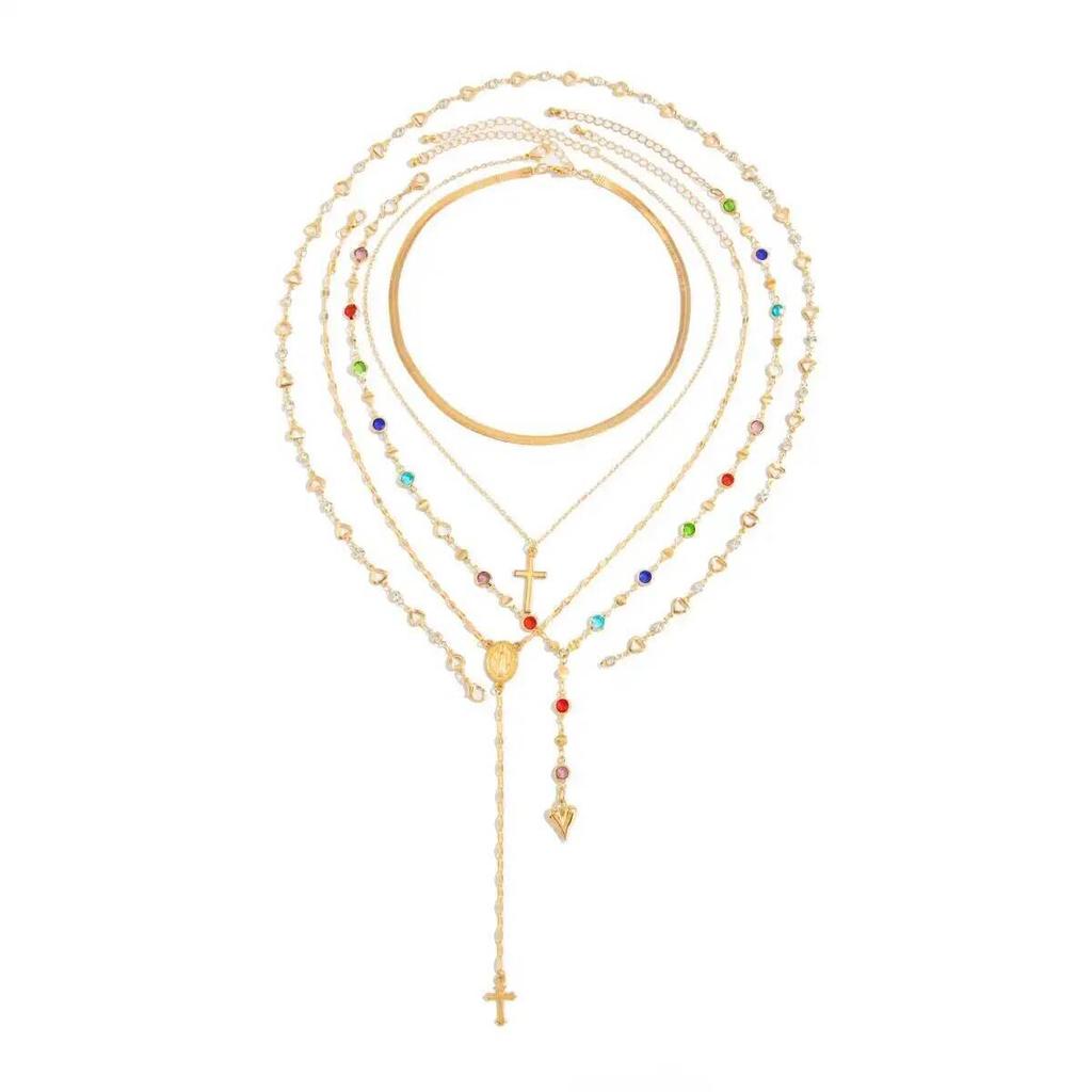 SHIXIN 5Pcs/Set Fashion Y-Shaped Colorful Crystal Clavicle Chain Women Boho Exquisite Gold Color Cross Pendant Necklace Jewelry