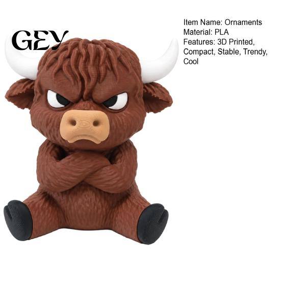 Collectible Cow Toy 3D Printed Angry Highland Figurine, Cute Attitude Animal Desktop Unique Statue Ornament, Sitting for Home Office Table Decor