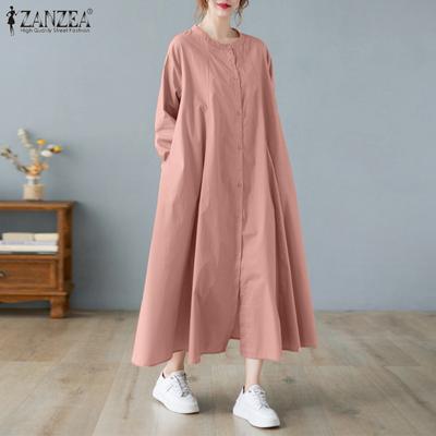 Женское повседневное платье с круглым вырезом, однотонное, свободное, длинное