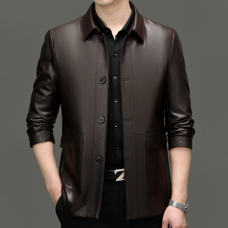 Leather Jacket Men's Genuine Leather Autumn Sheepskin Middle-aged and Elderly Plus Velvet Leather Jacket Dad Wear Button Lapel Jacket