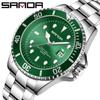 Новые мужские кварцевые часы со стальным ремнем и календарем, простые мужские мужские часы с зеленым водным призраком
