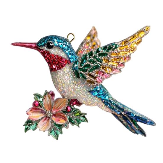 Hummingbird Christmas Ornaments Glitter Rhinestones Floral Hummingbird Ornaments for Christmas Tree 2D Acrylic Keepsake Gifts for Bird Lovers