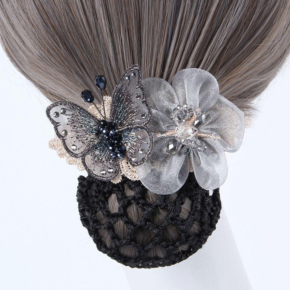 Butterfly Flower Elastic Hair Net Rhinestone Beads Decor Hair Bun Holder Hotel Staff Uniform