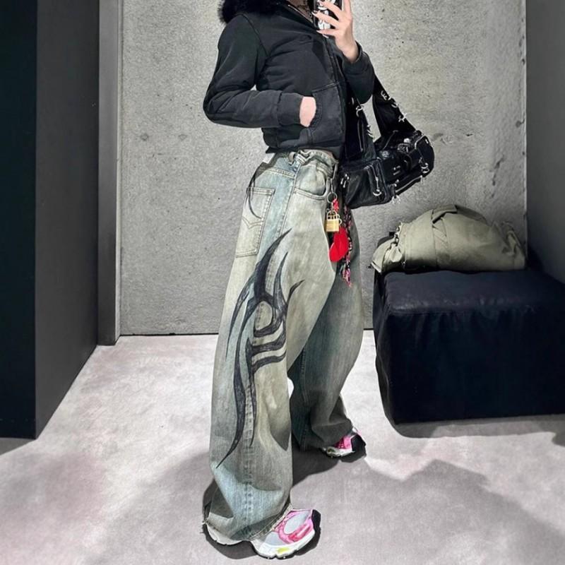 Женские джинсы с высокой талией и широкими штанинами Streetwear Принт Повседневные брюки