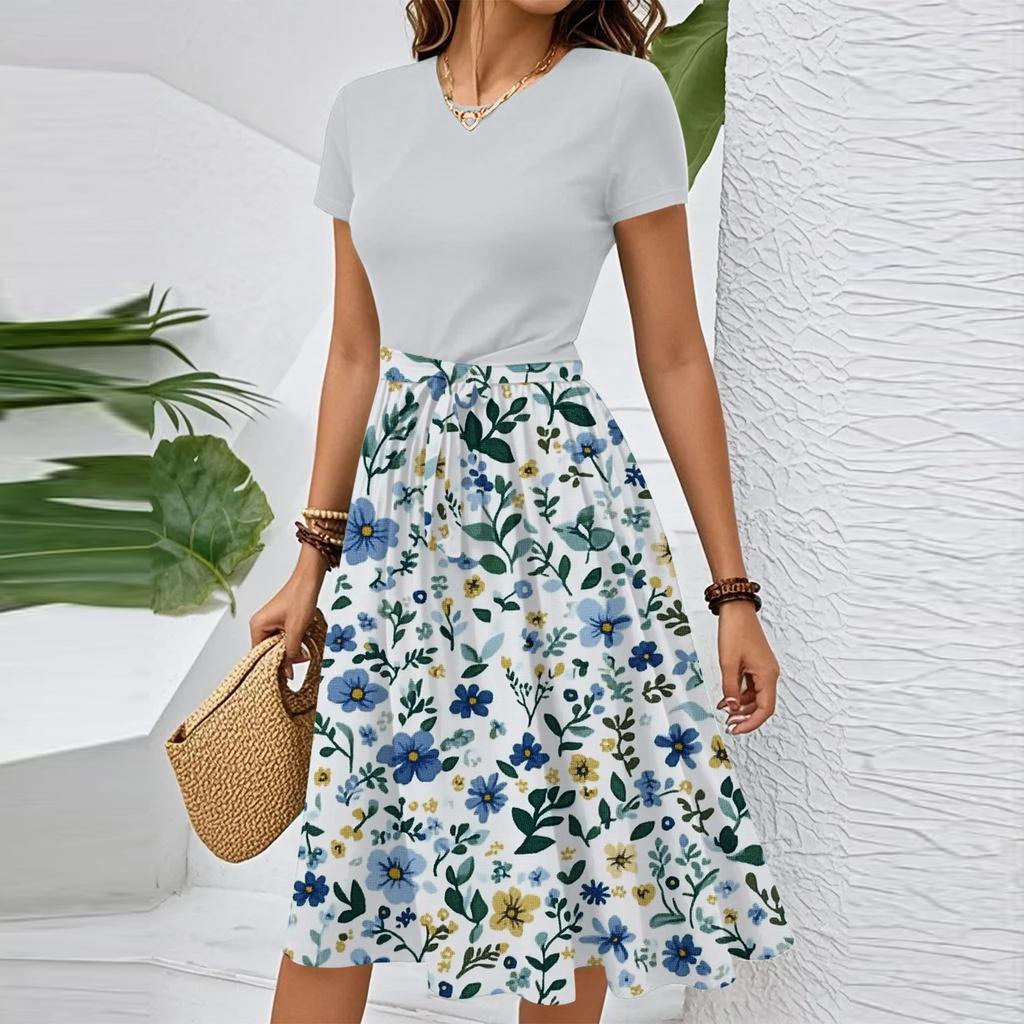 Women's Casual Fashion Belted Floral Print Short Sleeve Round Neck Elegant Dress