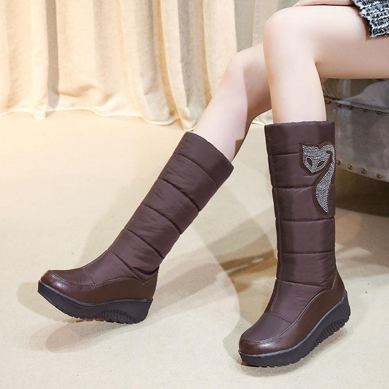 Winter Women Platform Snow Boots Crystal Fox Black Brown Down Plush Casual Travel Lady Round Toe Wedge Heels Mid-calf Boots