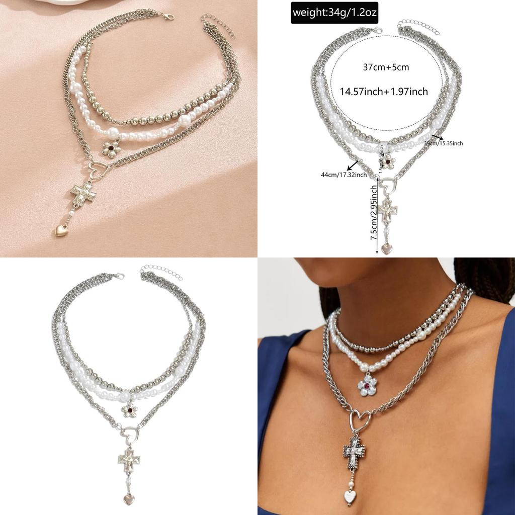 Vintage Heart Cross Pendant Necklace With Alloy Charm And Layered Floral Accents For Fashion