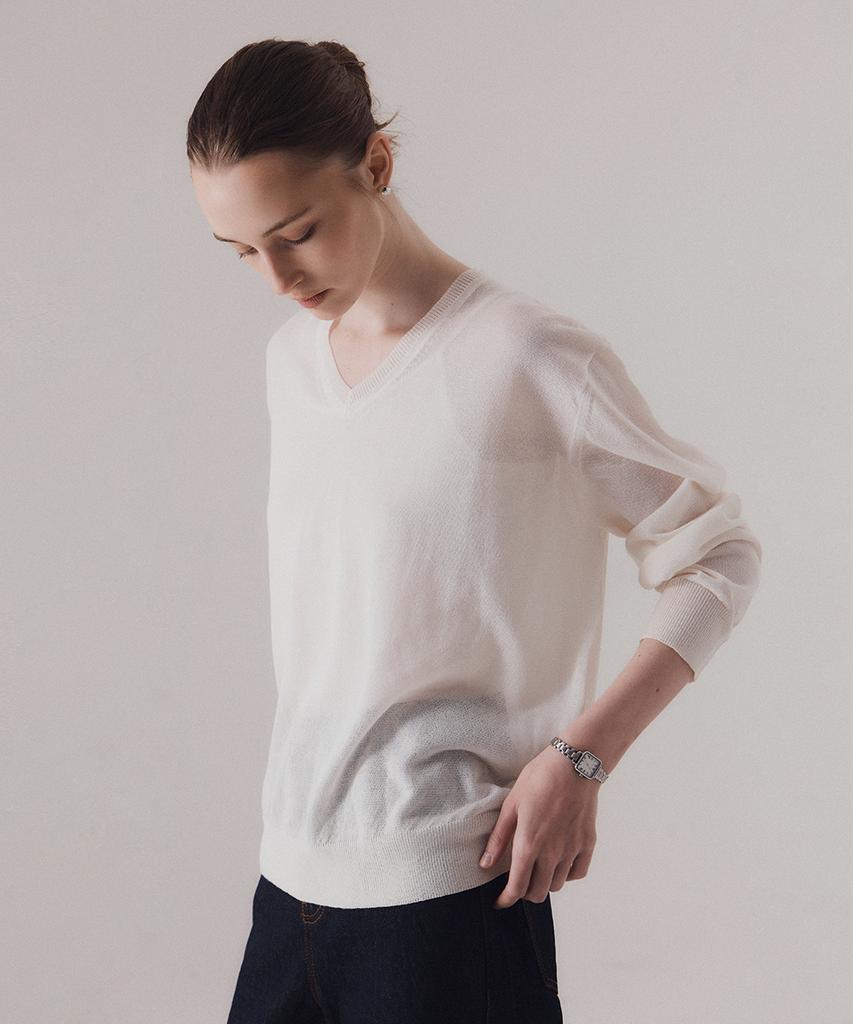 SILN Fine Sheer V-Neck Pullover Knit (Ivory)