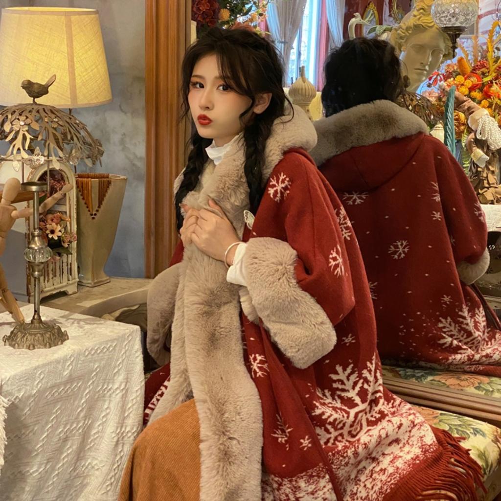 Thickened Warm Shawl Cloak Retro Plaid Hooded Large Fur Collar Coat Women's Clothing