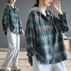 Women Shirt Hooded Drawstring Long Sleeve Plaid Print Patchwork Color Shirt Tops Single Breasted Loose Fit Shirt Coat