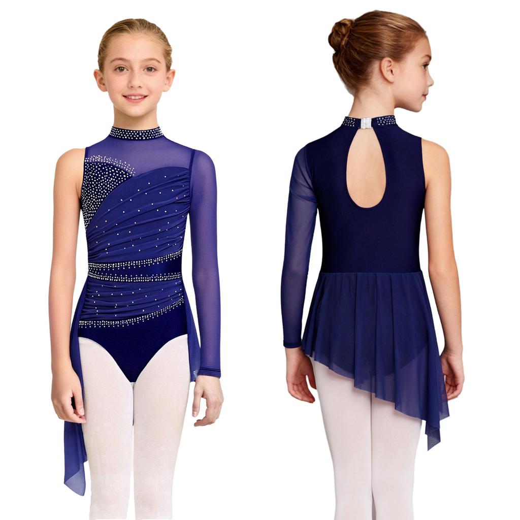 Kids Figure Skating Dress Girls Lyrical Dance Costume Sparkling Rhinestones Leotard with Mesh Skirt for Competition