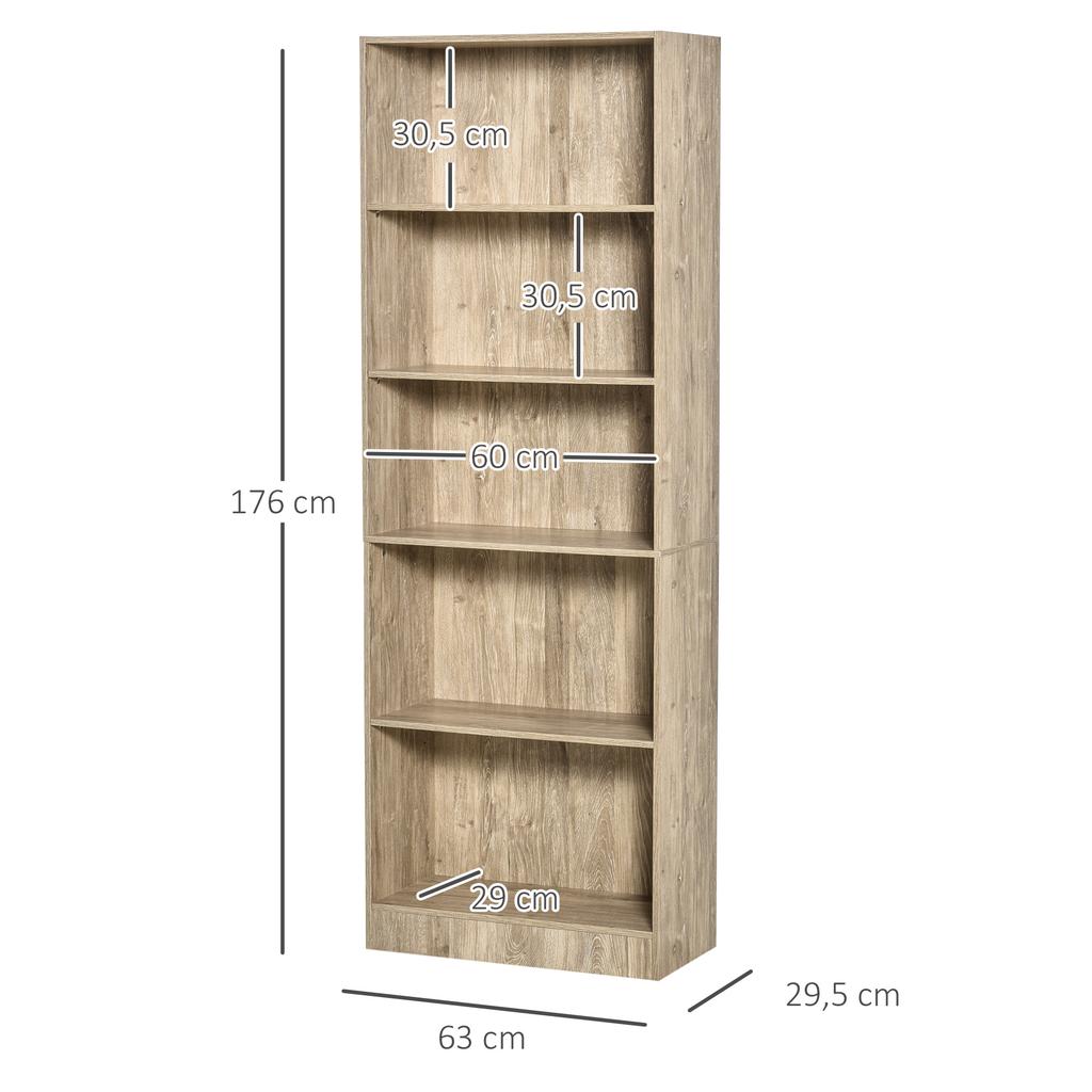 Bookshelf, 5-Tier, 3 Adjustable Shelves, Anti-Tip, 63 x 29.5 x 176 cm, Natural Wood