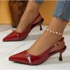 Fashion New Summer Women's Dress Shoes Patent Leather Slip On Pointed Toe Sandals Buckle Slingbacks Mid Heels Pumps Sandalias Mujer A01
