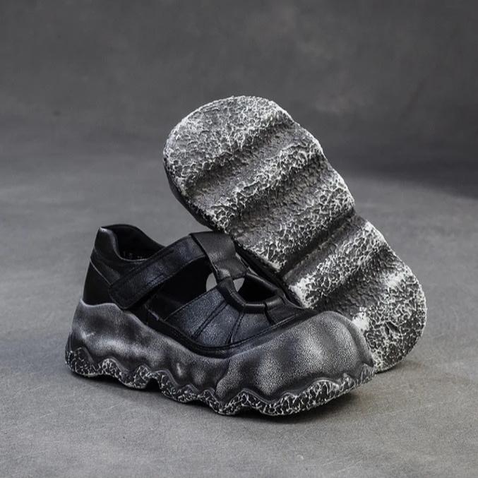 Johnature Thick Soled Retro Anti Slip Women's Flat Shoes Genuine Leather Versatile Roman Sandals