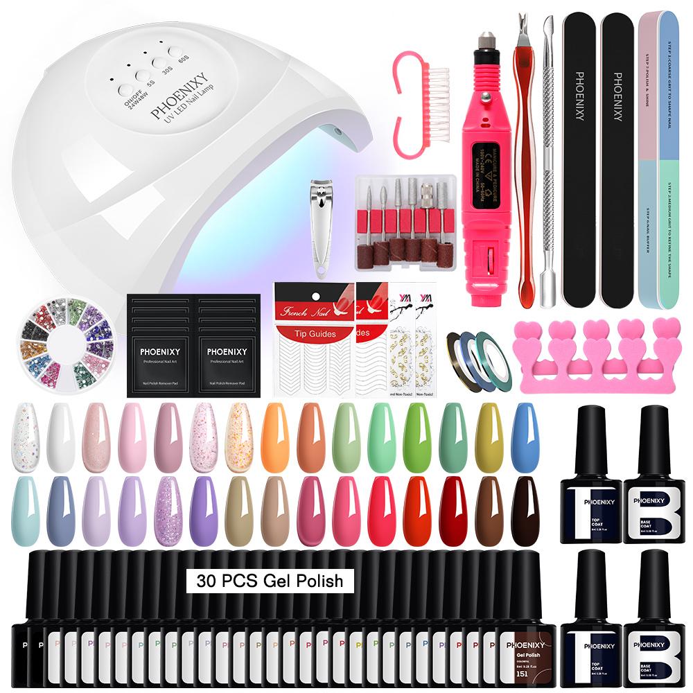 PHOENIXY 30 Colors Gel Nail Polish with USB Nail Drill Machine 48W UV LED Lamp Top Base Coat Manicure Set and DIY Nail Art Decoration Tools