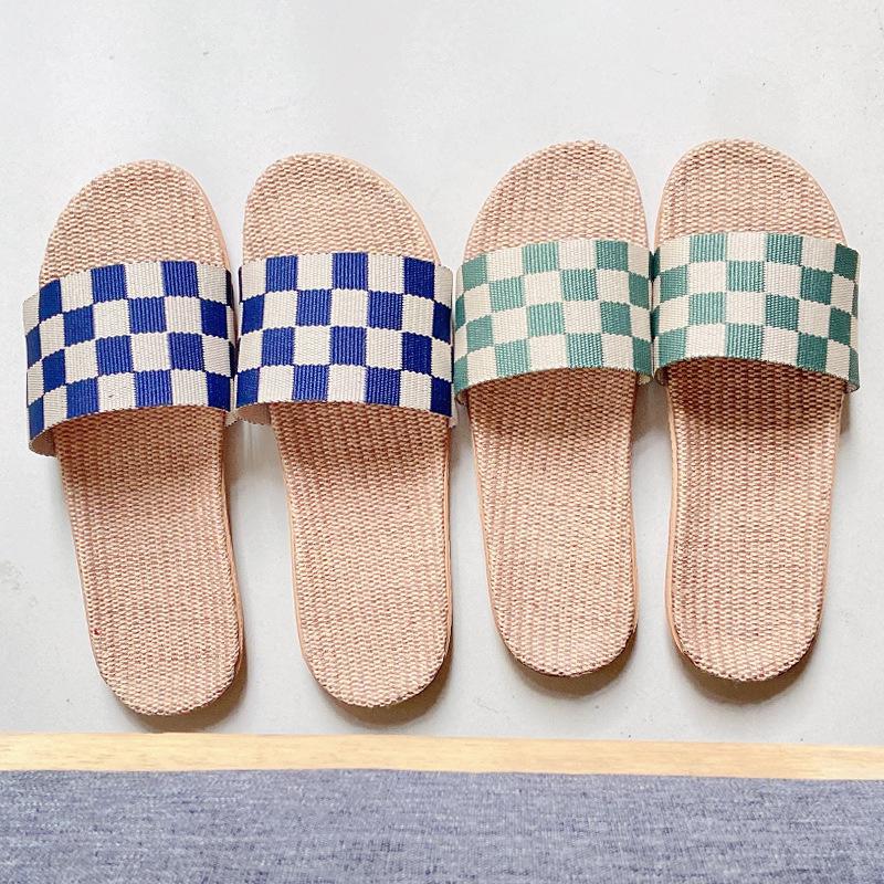 Летние модные клетчатые льняные тапочки