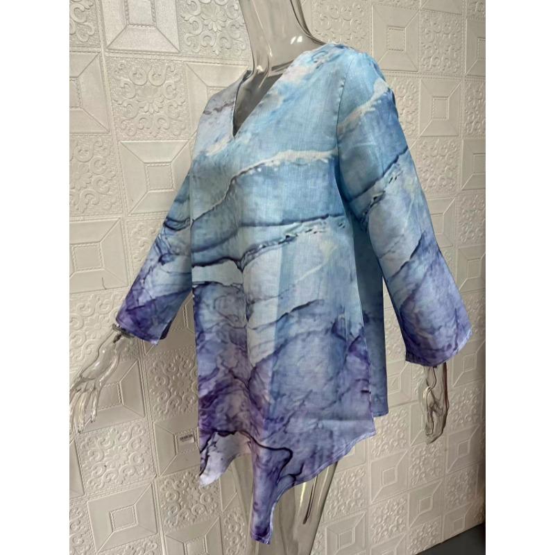 Весна Лето V-образный вырез Принт Мода Женская Блузка Новая Повседневная Свободная Необычная Топ Футболка Большого Размера Простая Элегантная Офисная Рубашка Женская Одежда