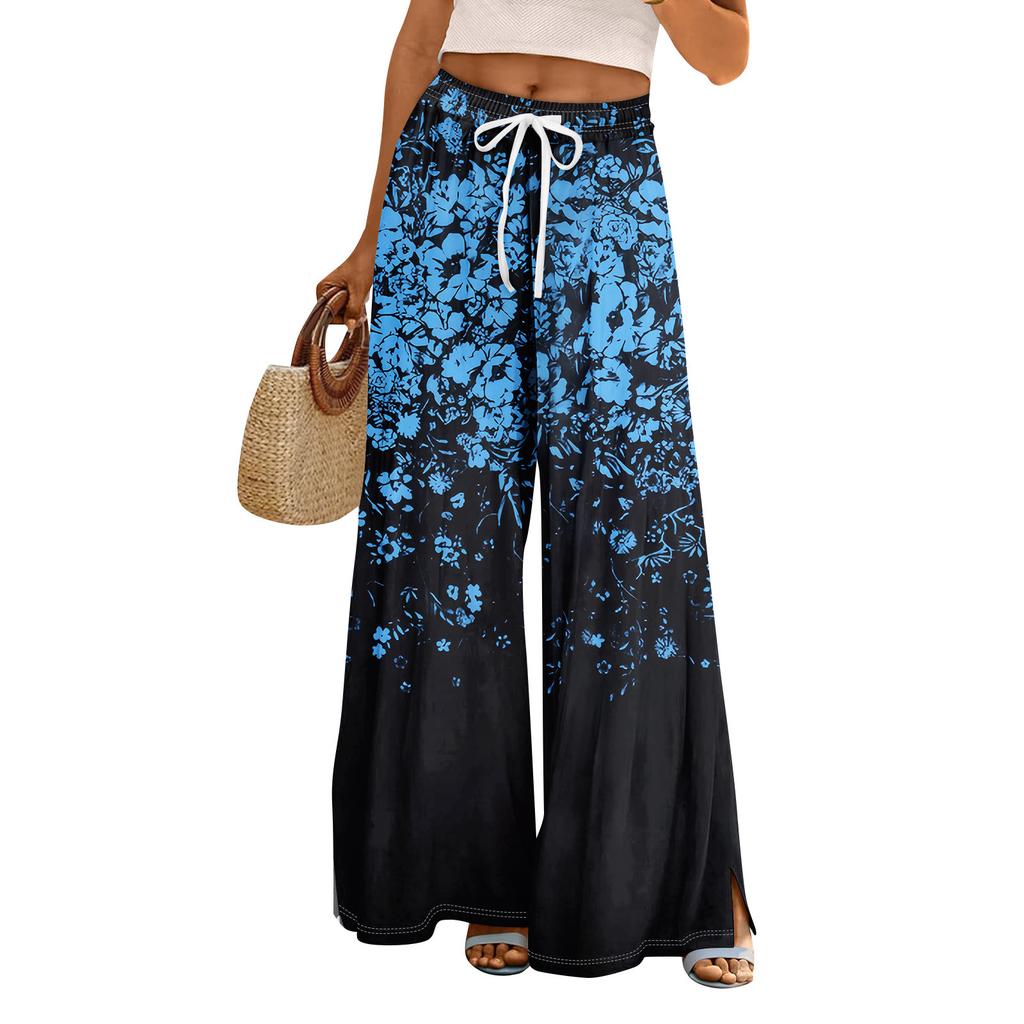 Women Summer Boho Palazzo Pants High Waist Wide Leg Rinting Casual Trousers With Pockets