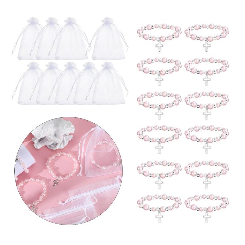 12PCS Delicate Hollow Crucifix Pearls Beads Bracelets Accessories Religious Celebration Gift Set For Guests Event