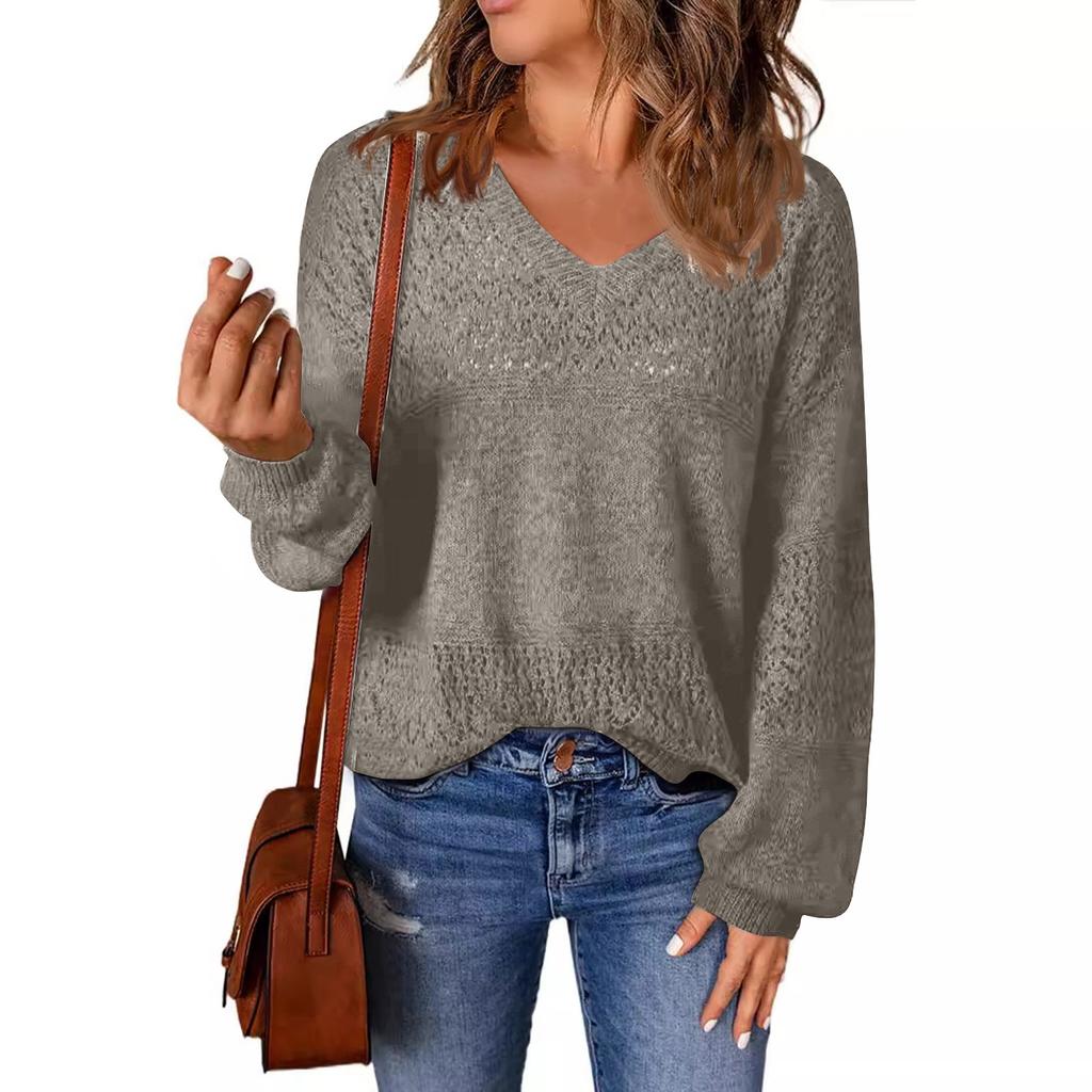 Модный свитер женский осенний однотонный пуловер свободный V-образный вязаный топ