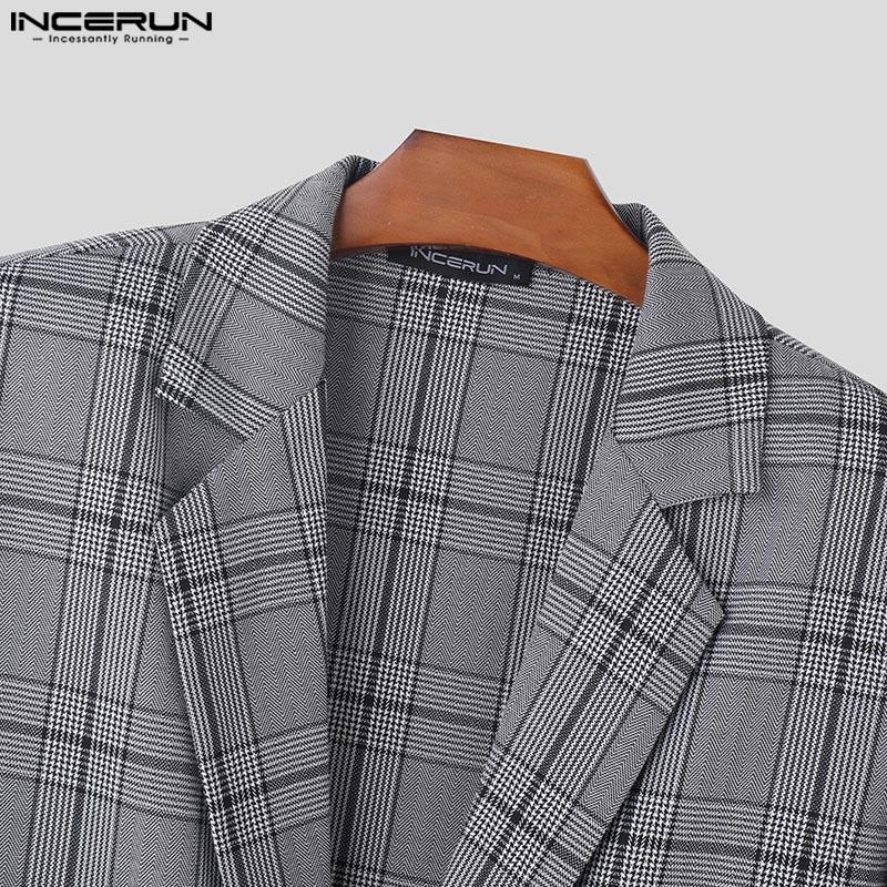 INCERUN Осень-весна мужской пиджак с лацканами и длинным рукавом, клетчатый пиджак на одной пуговице