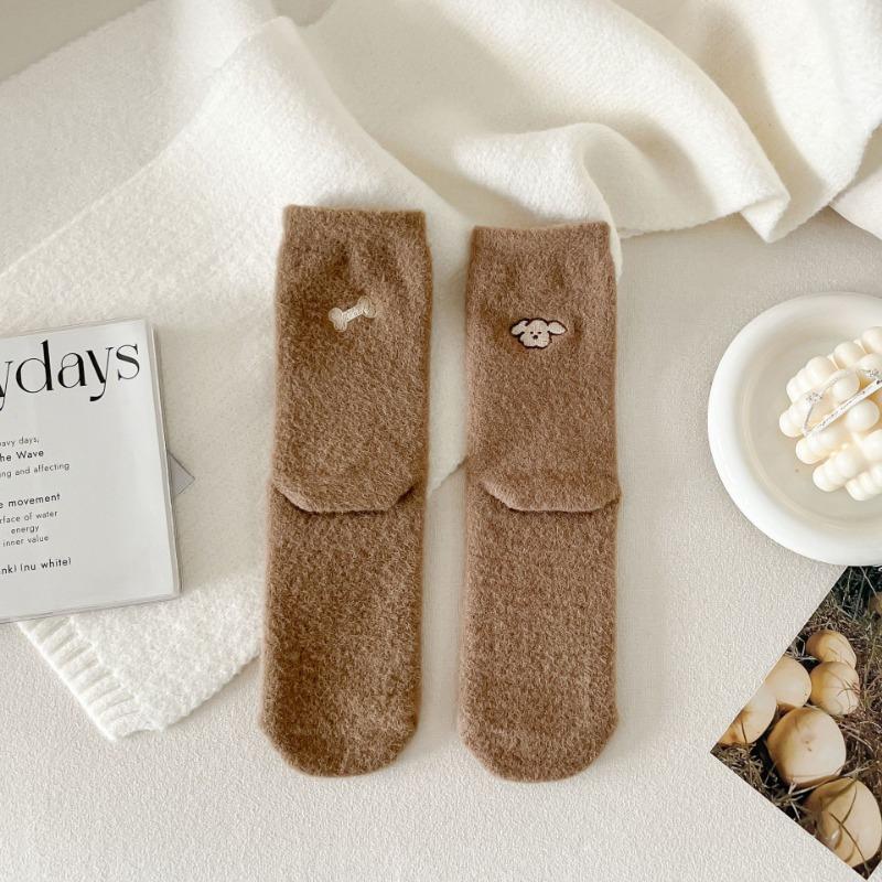 Cute AB Asymmetrical Embroidered Cartoon Women's Socks for Autumn and Winter, Australian Fleece Sleep Thickened Floor Socks