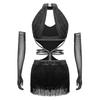 Women Latin Dance Fringed Dress Cutout Sleeveless Strappy Waist Tassel Hem Sequined Dress with Long Gloves