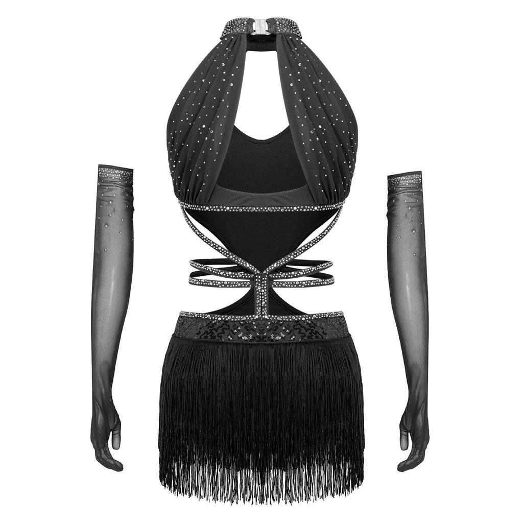Women Latin Dance Fringed Dress Cutout Sleeveless Strappy Waist Tassel Hem Sequined Dress with Long Gloves